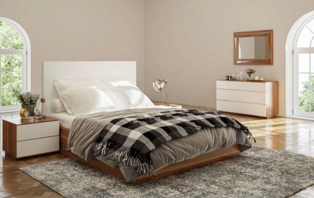 White -Brown Bedroom Set Luxury Wooden Furniture Bed Bedside tables Chest of drawers