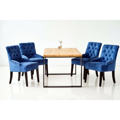 Modern Dining room Set Designer Wooden Table with Blue and Chesterfield Chairs