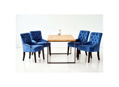 Modern Dining room Set Designer Wooden Table with Blue and Chesterfield Chairs