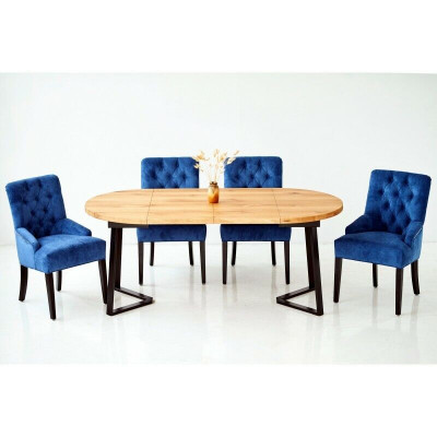 Brown-Blue e Dining room Furniture Designer Wood Dining table with 6x Upholstery Chesterfield chairs