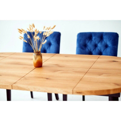 Brown-Blue e Dining room Furniture Designer Wood Dining table with 6x Upholstery Chesterfield chairs