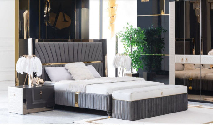 Luxury Bed 180x200cm with Wood Headboard and 2 Bedside Tables Italian Furniture new