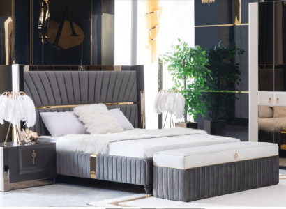 Luxury Bed 180x200cm with Wood Headboard and 2 Bedside Tables Italian Furniture new