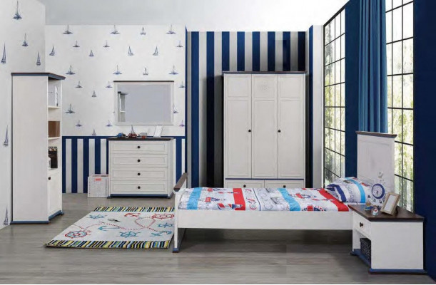 Bedroom Childrens room Set Modern Wardrobe Chest of drawers Table Wood White new 5pcs.