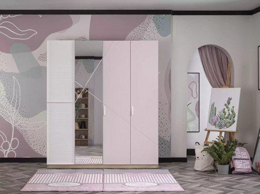 Wardrobe Wardrobe Childrens room Wood Pink Mirror 4 doors Moden