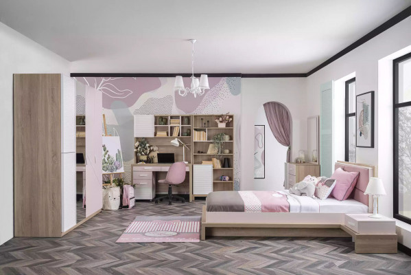 Wardrobe Wardrobe Childrens room Wood Pink Mirror 4 doors Moden