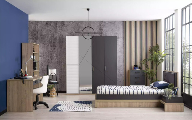 Wardrobe 4 Doors Moden Wardrobe Wood Gray Mirror Childrens room