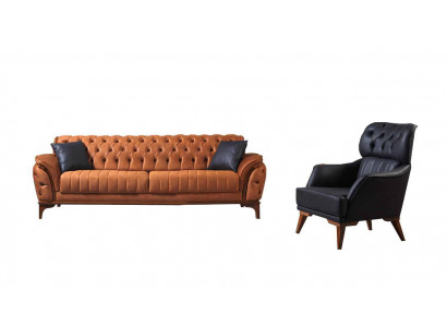 Orange-Black Chesterfield Suite Luxurious Three-Seater Armchair 2-piece