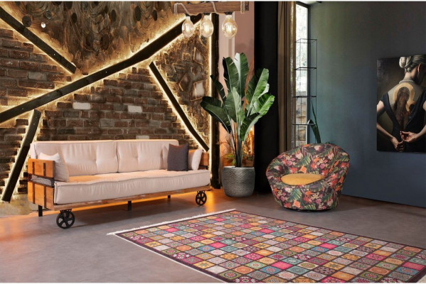 Three-seater Wilhelminian style sofa couch loft design seat cushion beige fabric textile