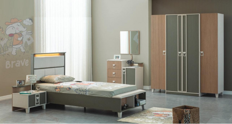 Modern Complete e Kinderfurniture Childrens bed Gray Wood Set 5-piece Bedside table