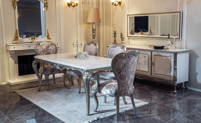 Dining room set 7 pieces. Dining table 4x Chairs Chest of drawers Mirror Group Suite White new