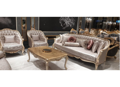 Classic Chesterfield Suite 311 Seat with Coffee table Velvet Gold Wood