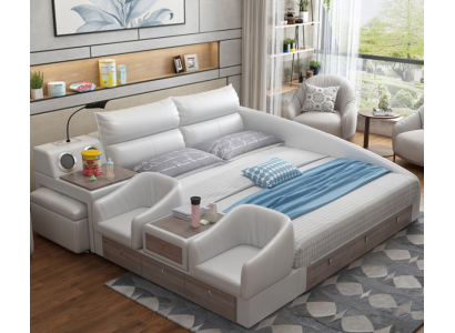 Bed Multifunction Shelf USB Charging Station Double Leather Beds 180x200