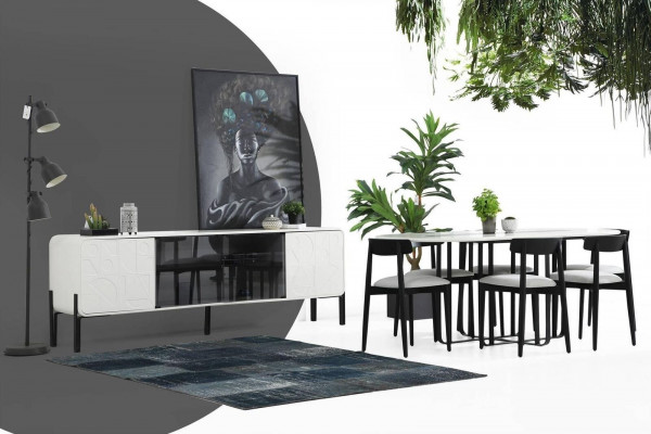 Modern Dining room Designer Group Dining table Chairs Sideboard Table Wood Set 6pcs White