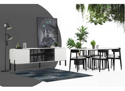 Modern Dining room Designer Group Dining table Chairs Sideboard Table Wood Set 6pcs White