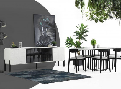 Modern Dining room Designer Group Dining table Chairs Sideboard Table Wood Set 6pcs White