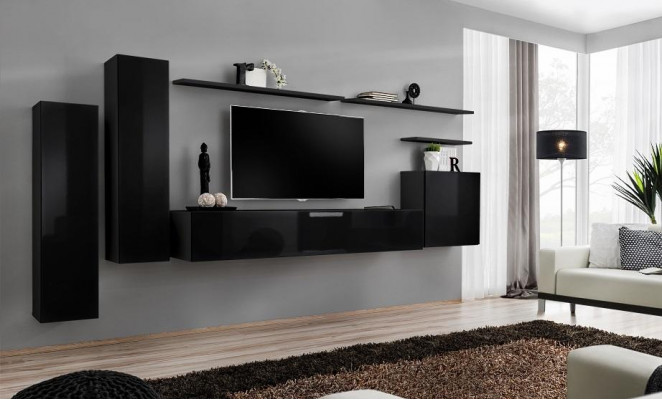 Complete e Set 7-piece Black Wall unit TV stand Living room designer wall cabinet