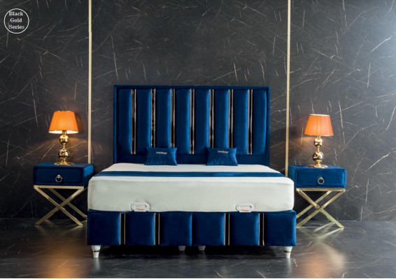 SaphirBlue's designer bed with bedside tables on gold-plated steel legs