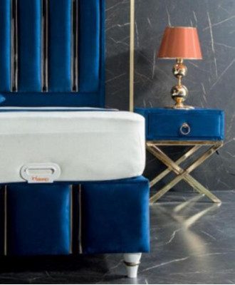 SaphirBlue's designer bed with bedside tables on gold-plated steel legs