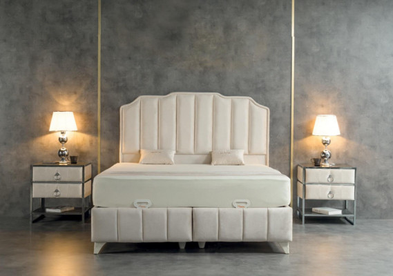 Bedroom Set Beige Metal Bed Luxury 2x Bedside tables Elegant 3-piece