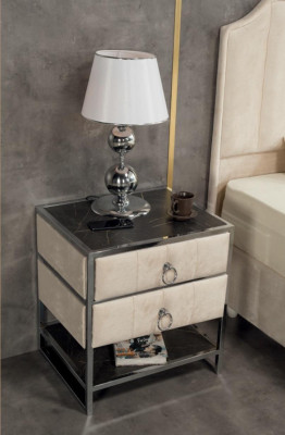 Bedroom Set Beige Metal Bed Luxury 2x Bedside tables Elegant 3-piece