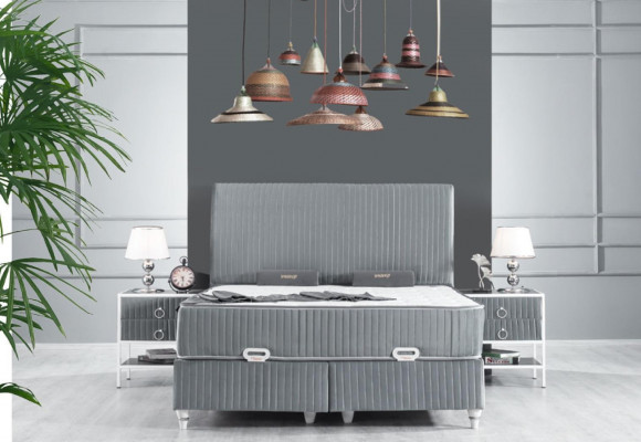 Bedroom Set Gray Metal Bed Boxspring Design 2x Bedside tables new 3pcs.