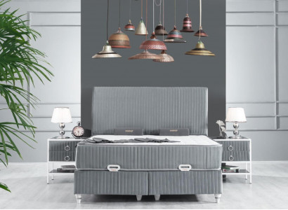 Bedroom Set Gray Metal Bed Boxspring Design 2x Bedside tables new 3pcs.