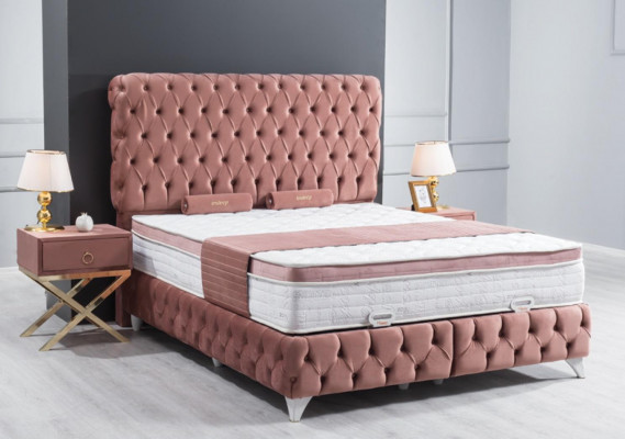 Boxspring Pink Chesterfield Bed Elegant Design Luxury 2x Bedside tables 3pcs.