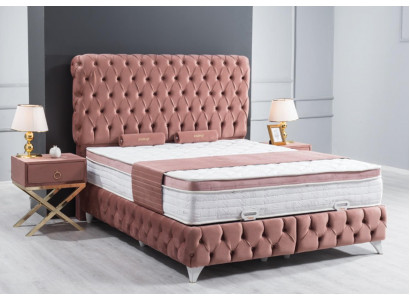 Boxspring Pink Chesterfield Bed Elegant Design Luxury 2x Bedside tables 3pcs.