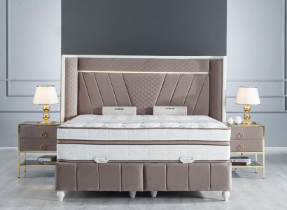 Luxury Bedroom Set Beige Bed 2x Bedside table Beds Furniture Led 3pcs