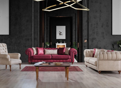 Chesterfield Sofa Couch Suite Seating group Upholstery Living room Set 3+3+1
