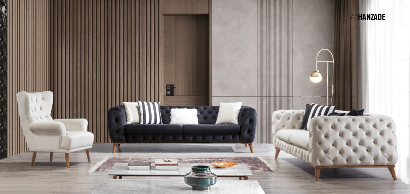 Sofa set Sofa 3+3+1 Seater Black Chesterfield Armchair Furniture
