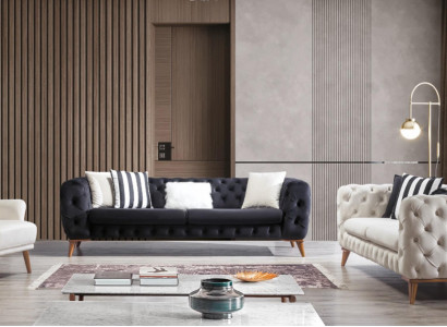 Sofa set Sofa 3+3+1 Seater Black Chesterfield Armchair Furniture