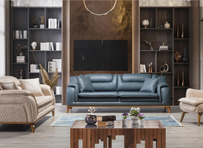 Sofa set 3+3+1 Seater Blue Armchair Luxury Leather Sofa Couch Furniture Western Style