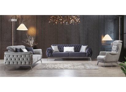 Sofa set 3+3+1 Seater Blue Armchair Luxury Chesterfield Furnishings
