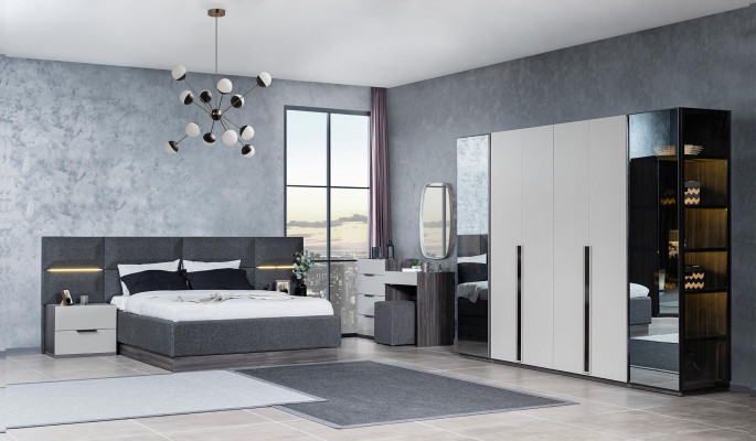 Bedroom Bed Bedside tables Wardrobe Chest of drawers with Mirror Furniture Set 5pcs
