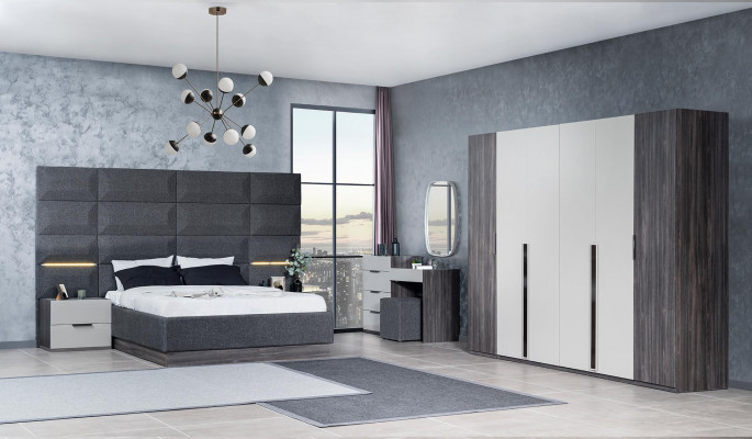 Bedroom Bed Bedside table Wardrobe Chest of drawers with Mirror Furniture Set 5pcs