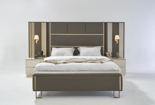 Bed Double bed 2x Bedside tables Wood Design Beds Bedroom Upholstery 3 piece set