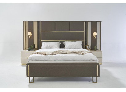 Bed Double bed 2x Bedside tables Wood Design Beds Bedroom Upholstery 3 piece set