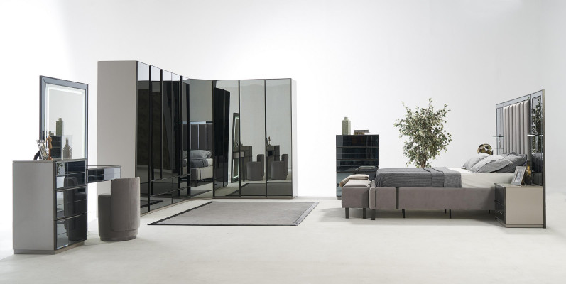 Luxury Glass Bedroom Bed Bedside table Corner Cabinet Dresser Mirror Stool Gray