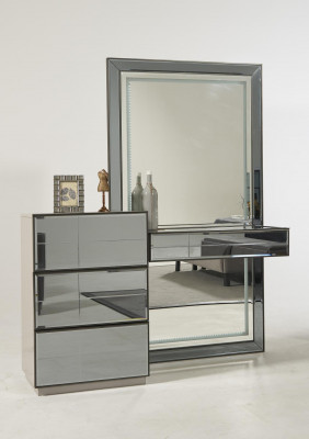 Luxury Glass Bedroom Bed Bedside table Corner Cabinet Dresser Mirror Stool Gray