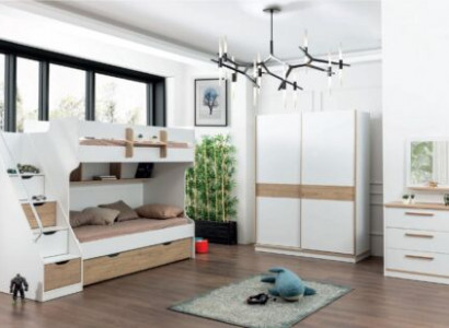 Loft bed Bunk Bed Chest of drawers Mirror Bedroom Mirror Furniture Wardrobe 4pcs.