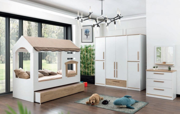 Childrens room Bed House Covered Bed Bedroom Set Suite Mirror 4pcs.