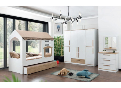 Childrens room Bed House Covered Bed Bedroom Set Suite Mirror 4pcs.