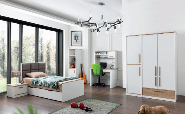 Modern youth room set Bed Bedside table Bookshelf Table Bedroom 5 pieces.
