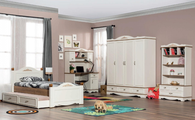 Modern Bedroom Youth Room Set Bed Bedside table Bookshelf Table 5 pieces.
