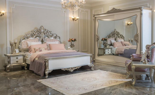 Bedroom Set Luxury Bed 2x Bedside table Wardrobe Armchair 6pcs.